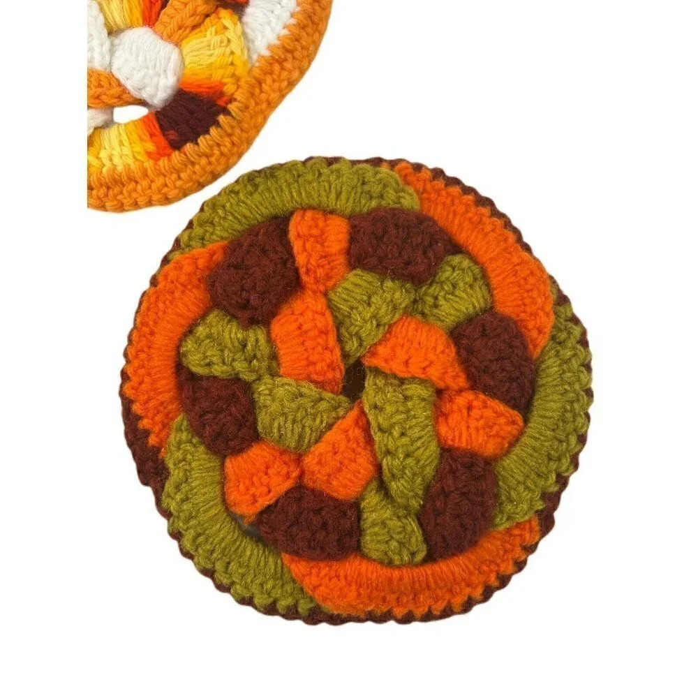 Lot of 3 Vintage Handmade Crochet Potholders 1970s EarthTones EUC